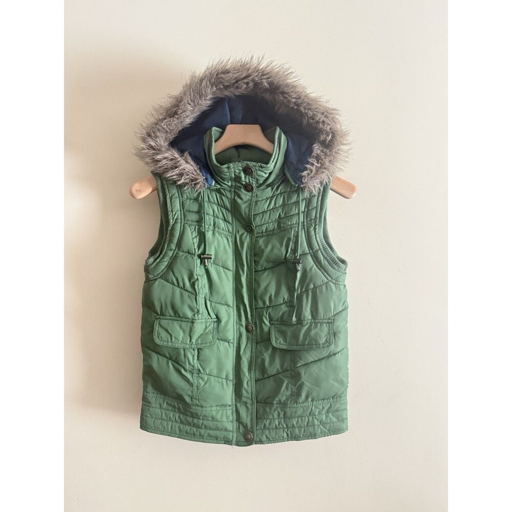 Vintage Y2K 2000s Mossimo Warm quilted Fur Hooded green vest‎ Medium